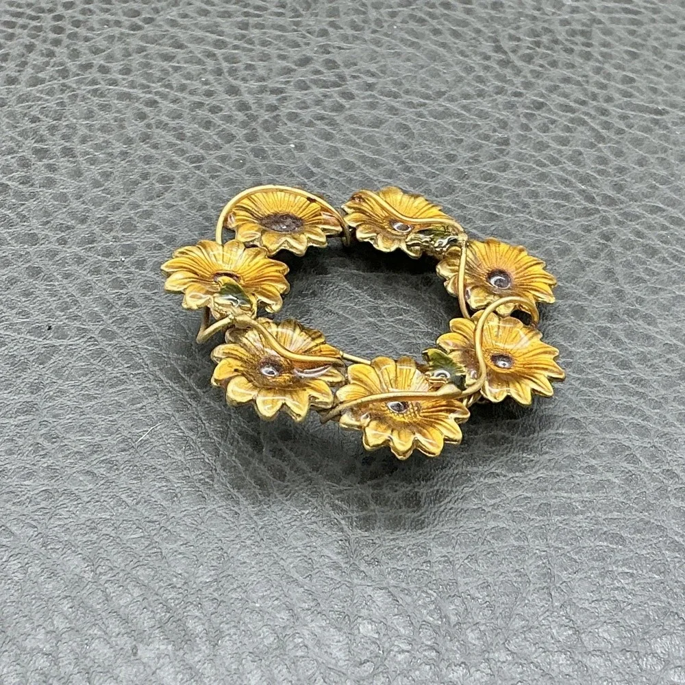 Yellow Enamel Daisy Wreath Brooch Pin Floral‎ Circle Costume Jewelry Womens 2